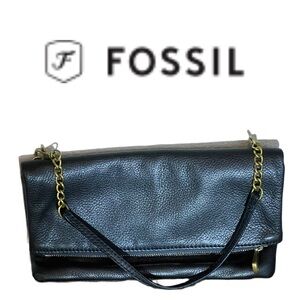 Fossil Black Pebble Leather w Gold Zip Folding Tote to Clutch Design